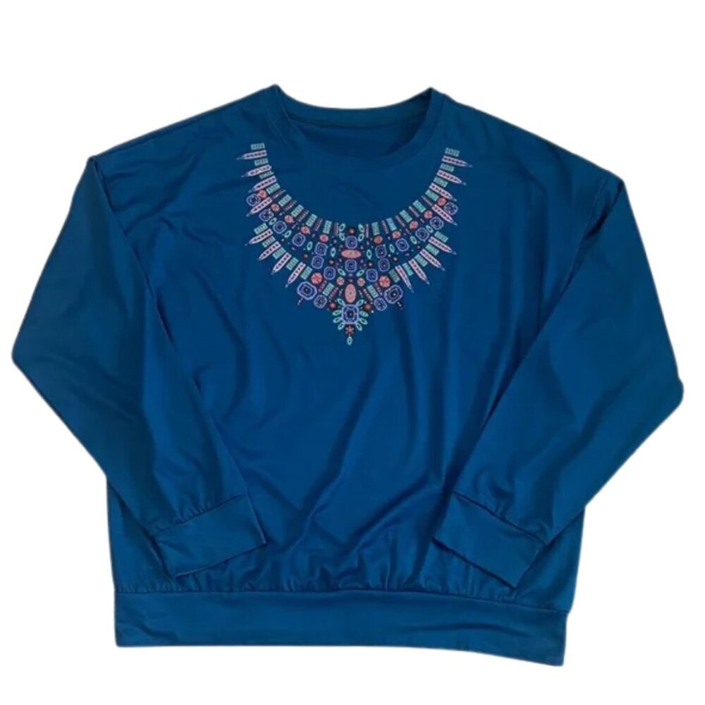 Tamsy Dark Blue Crew Neck Top with Colorful Embellishments - Size OS (Fits S-L)